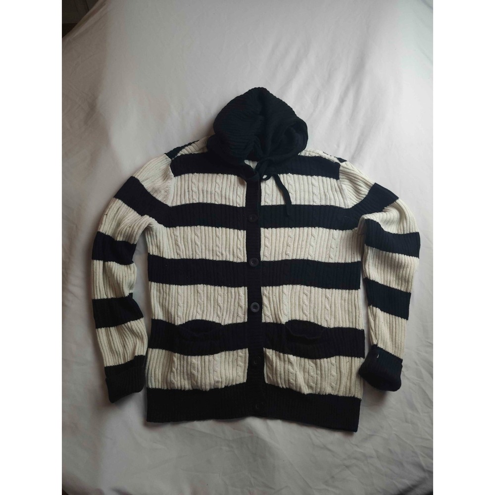 Faded Glory Cardigan Sweater Womens Large 12/14 Black Soot Striped‎ Cable Knit